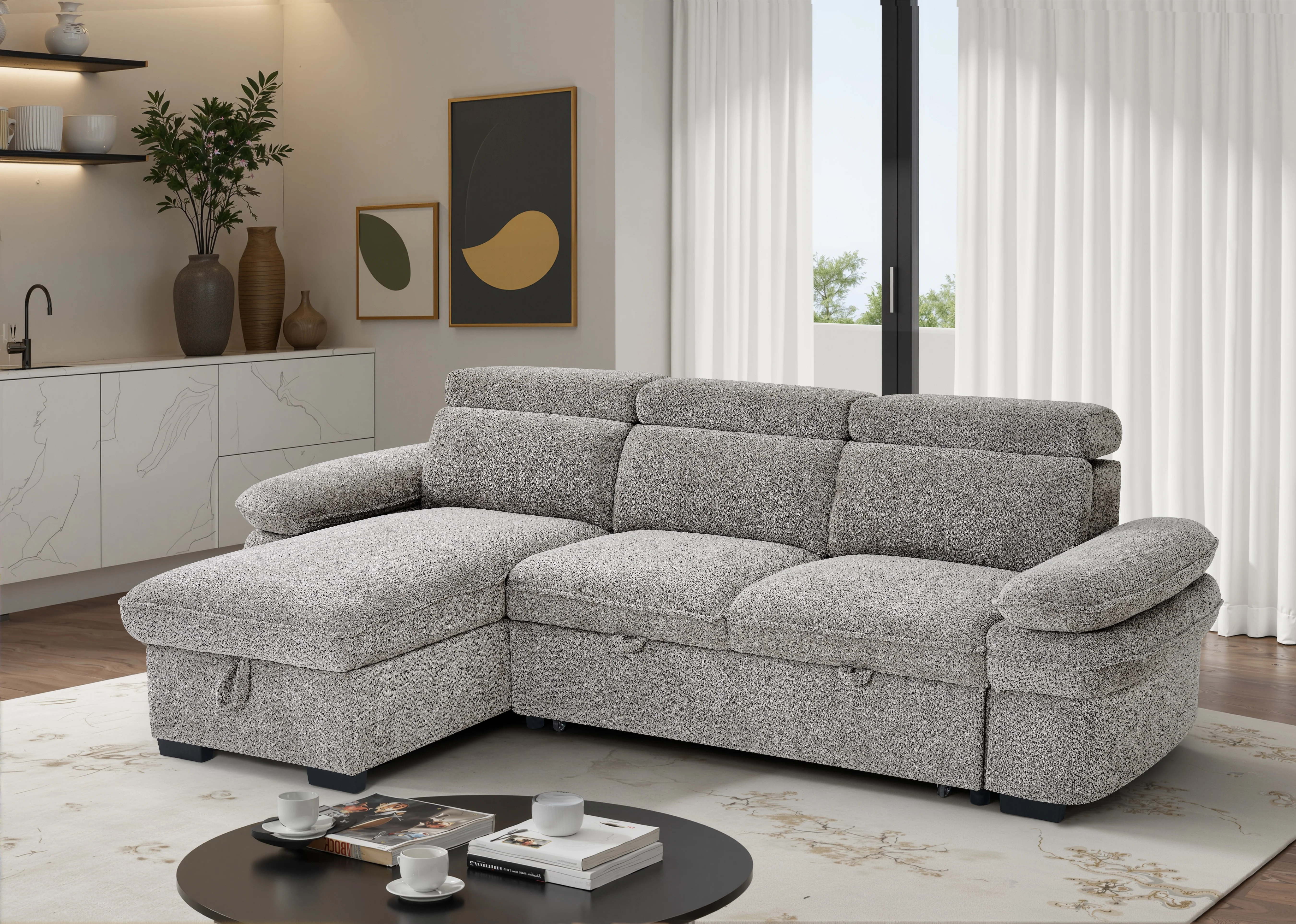 Billie Universal Corner Sofa Bed with Storage in Grey - Image 2